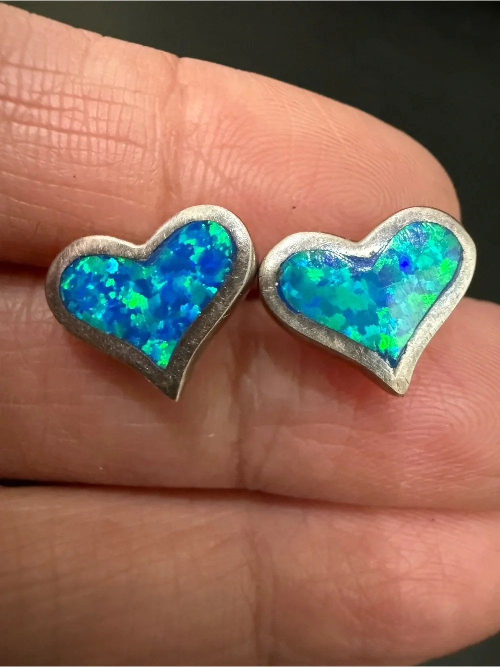925 Sterling Silver Blue Fire Opal Heart Stud Earrings